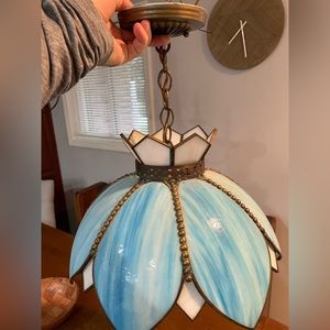 Vintage Stained Glass Lamp Tulip Swag Pendant Blue Tiffany Style Hanging Lamp